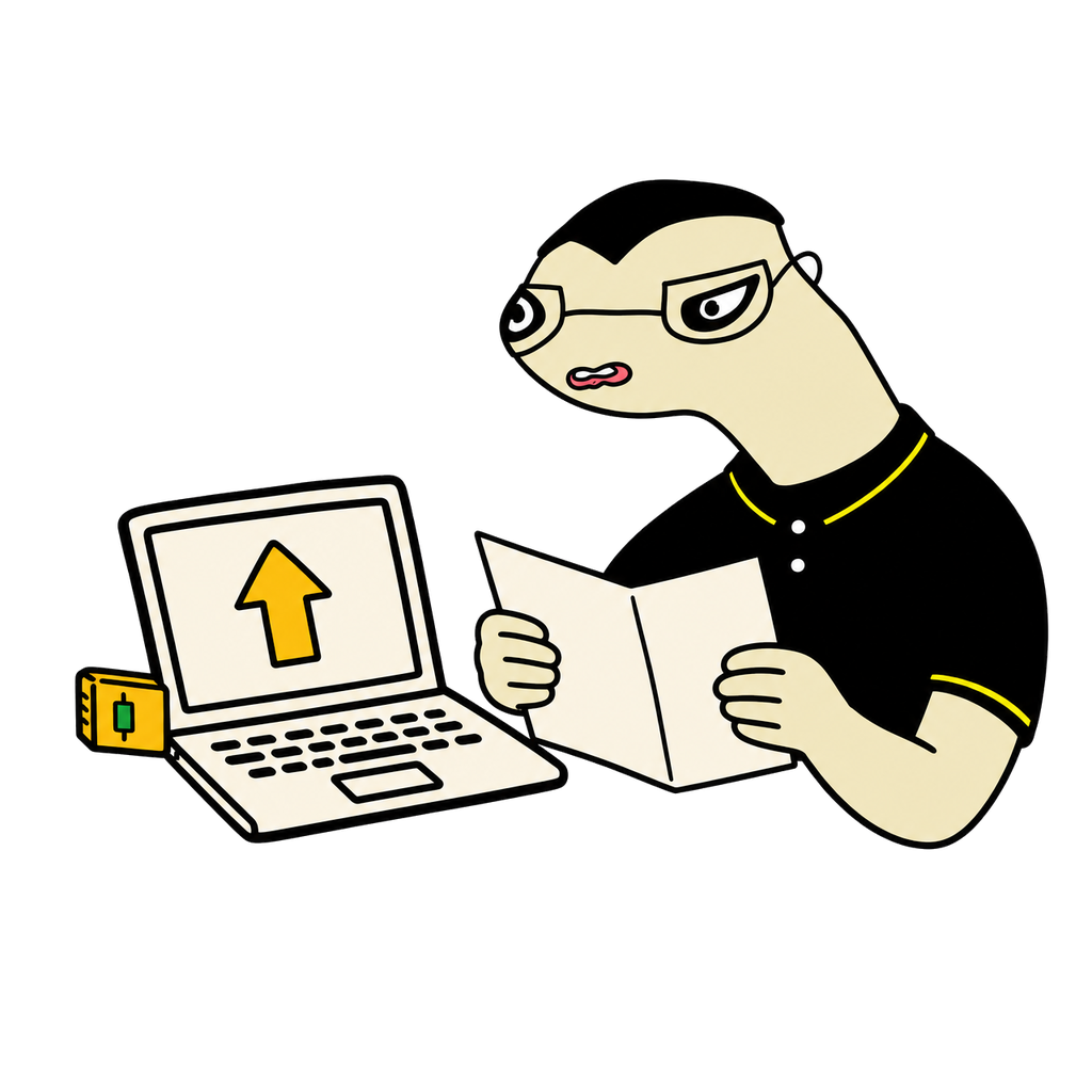 A cartoon CZ reading an open letter beside his laptop.